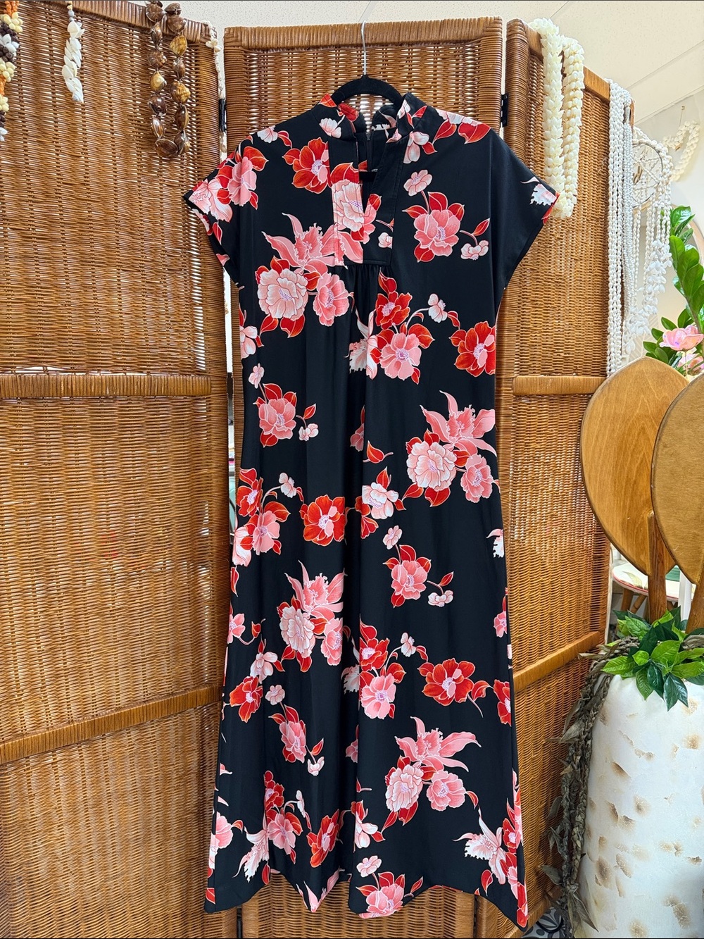 Vintage Sidan Hawai’i Black Floral Maxi Dress with Pink & Red Blooms
